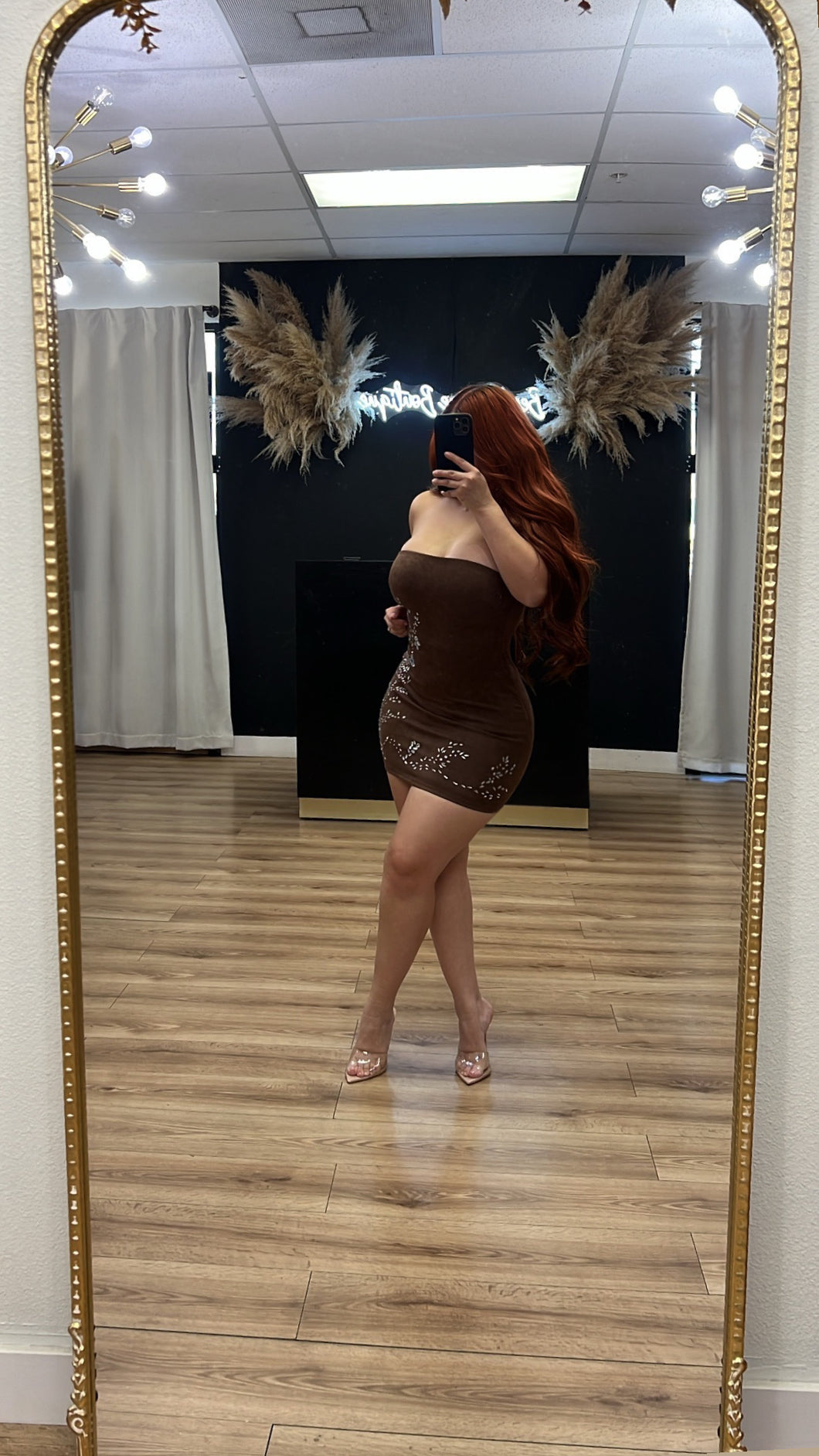 Victoria rhinestone dress- Brown