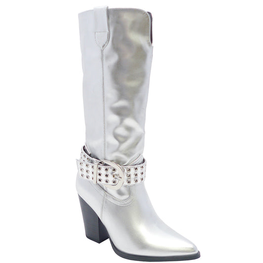 Edgy buckle cowboy boot - silver