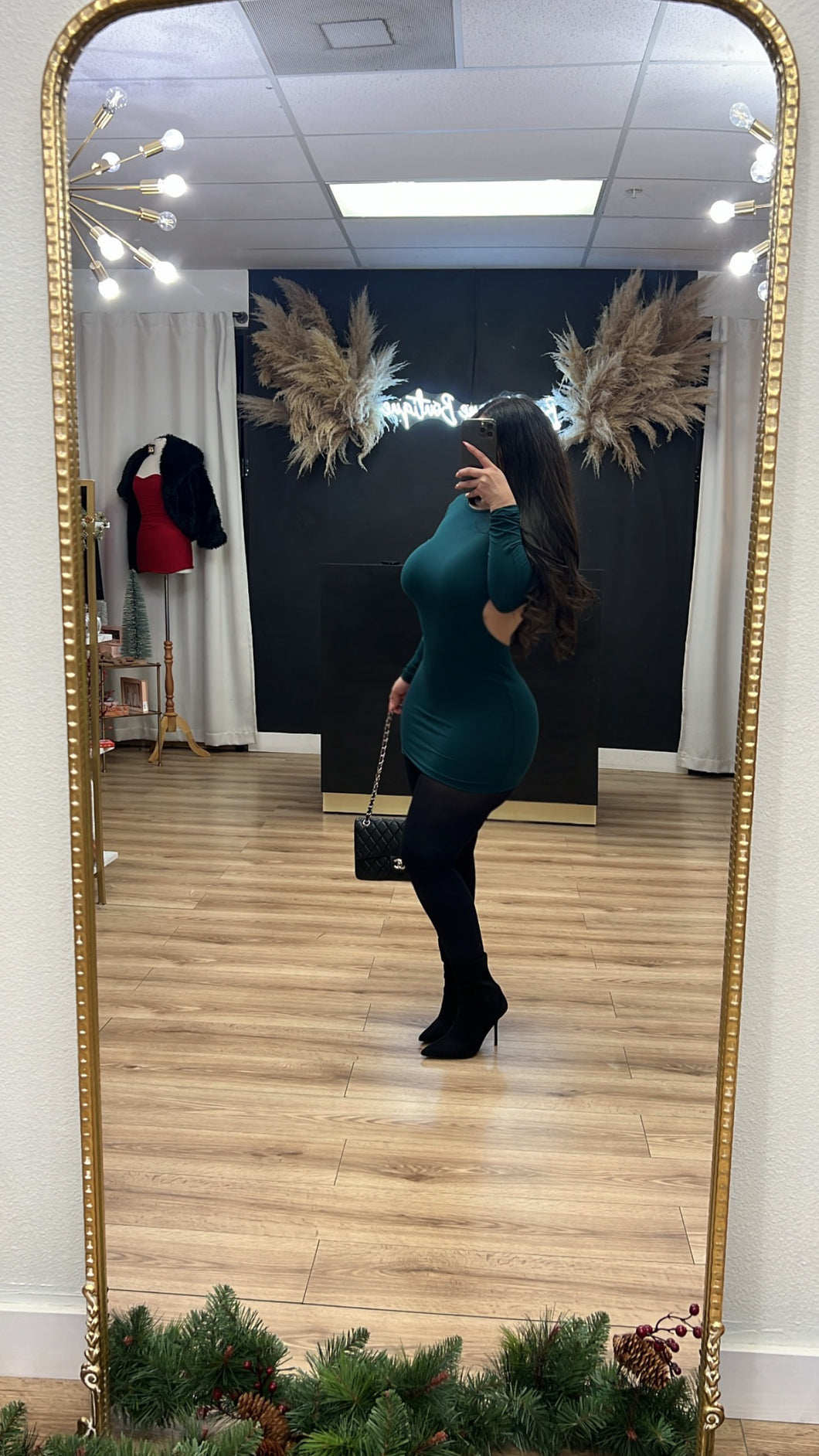 It’s the holidays open back mini dress - emerald green