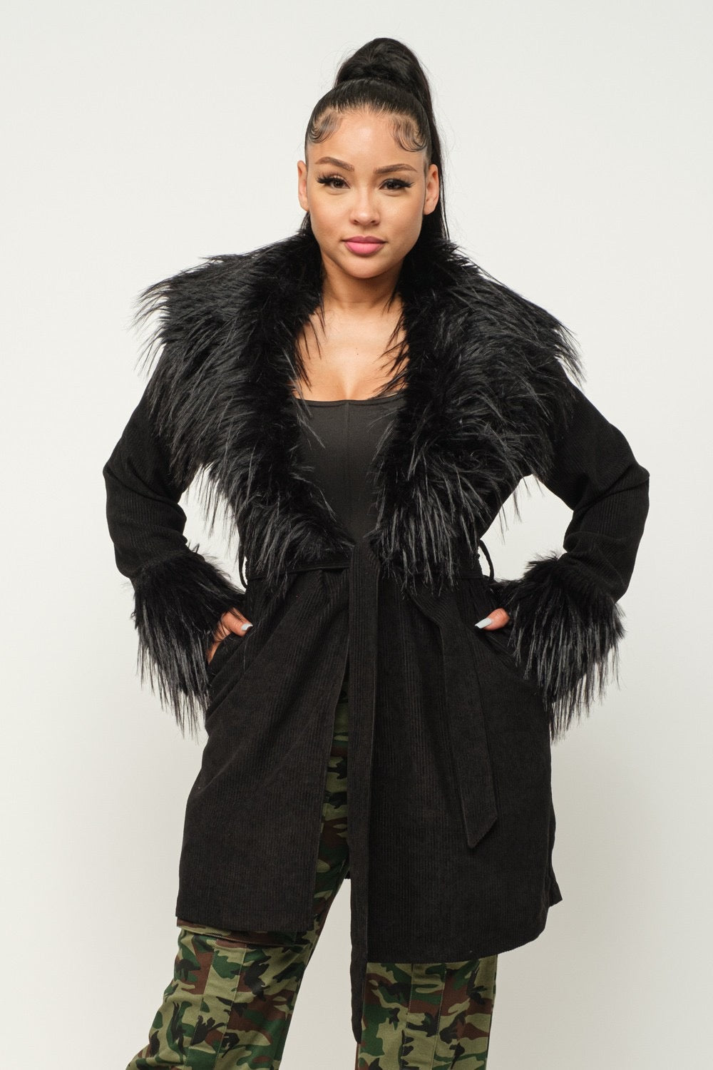 Clarissa fur corduroy coat - Black