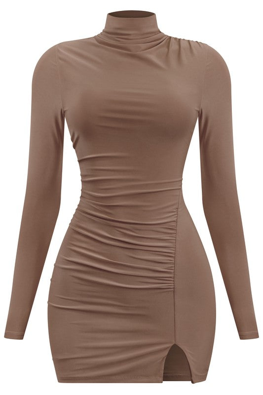 Night out ruched high neck dress - Mocha