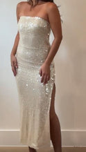 Load image into Gallery viewer, It’s the holiday sequin slit dress - Cream
