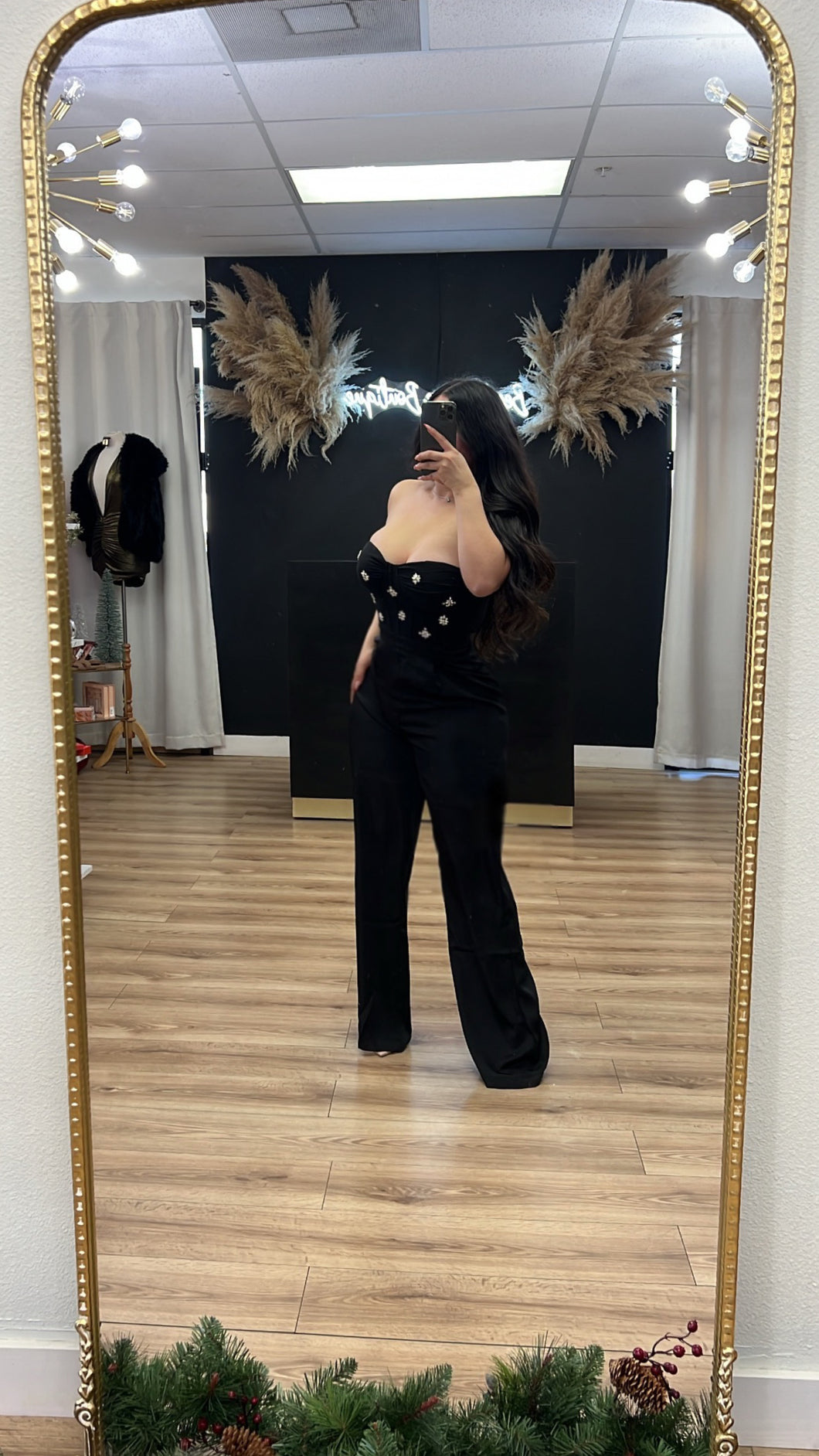 Holiday magic rhinestone satin jumpsuit-Black