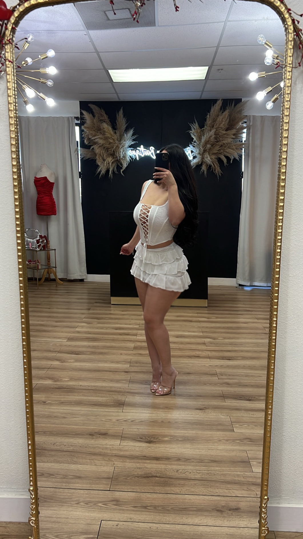 Flirty feeling lace skort set - white
