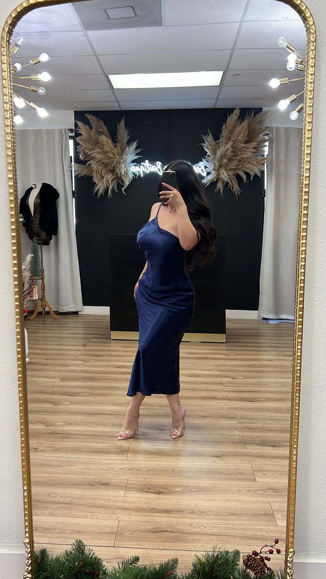 Holiday romance satin side slit dress - royal blue