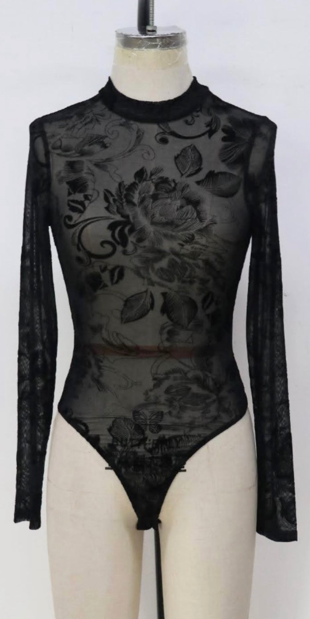 Rose mesh velvet bodysuit- black