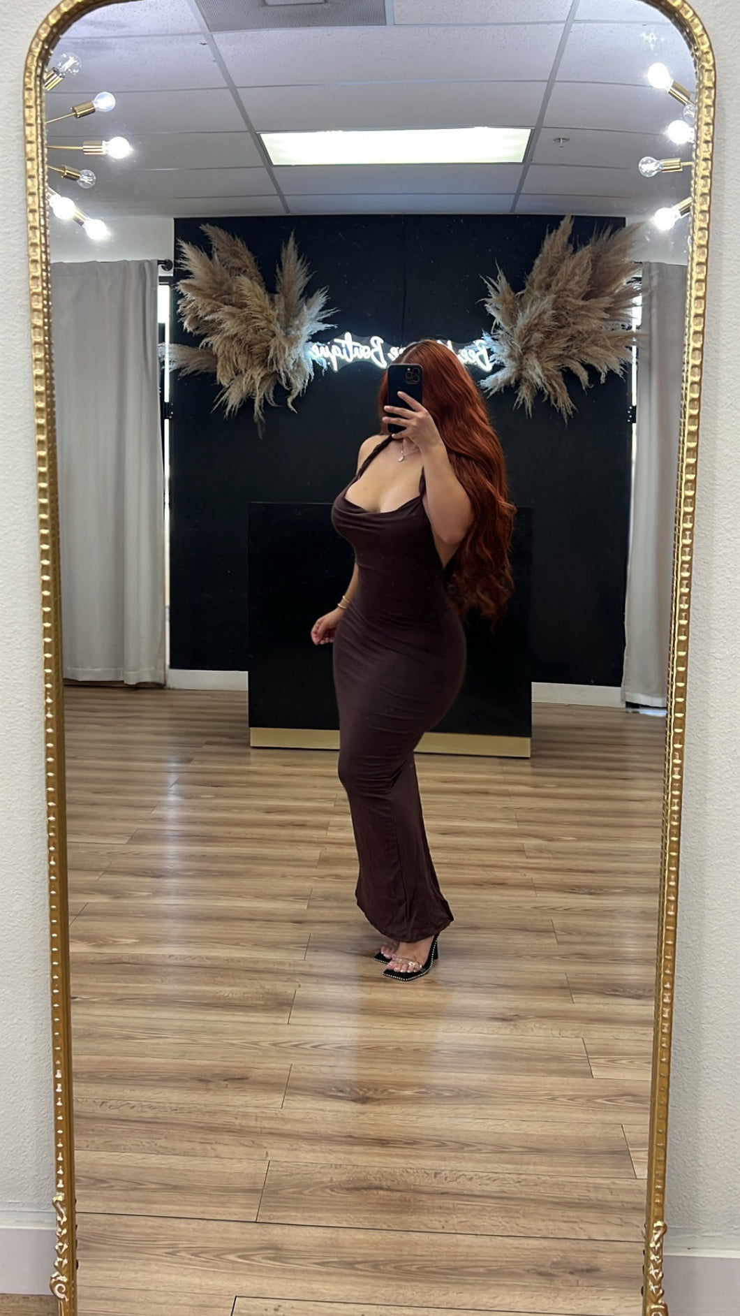 Laura twist open back dress- Brown