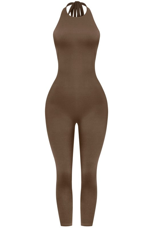 Kenia low back halter jumpsuit- Brown